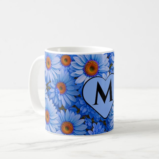 Blaubläuliche Sonnenblumen Blaue Gänse Muster Kaffeetasse (Vorderseite Links)