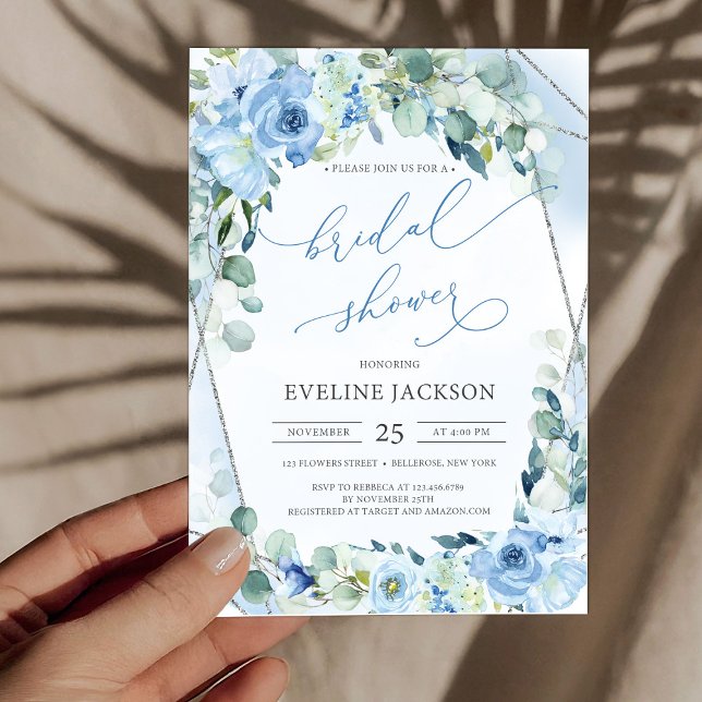Blaublüten Eukalyptus Silberblume Brautparty Einladung (boho watercolor blue flowers eucalyptus and silver frame bridal shower invitation digital)
