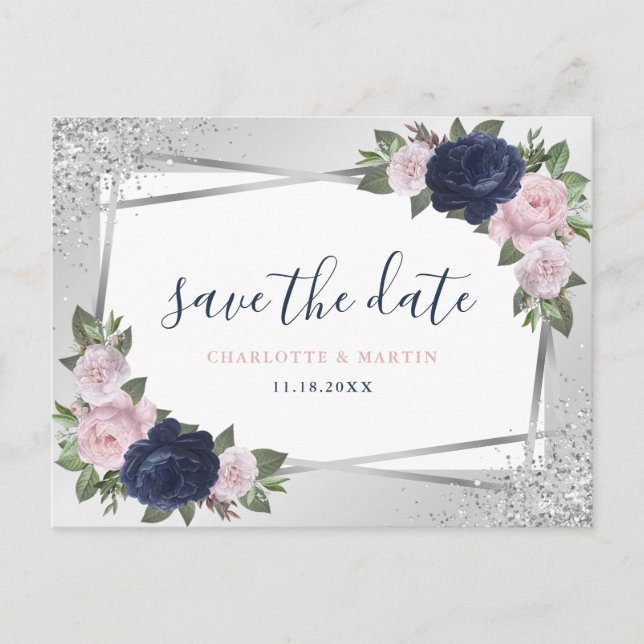 Blaublütenrösche Silver Floral Geometric Wedding Ankündigungspostkarte (Vorderseite)