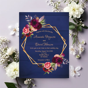 Blauburgund-Blumen-Hochzeitseinladung Postkarte