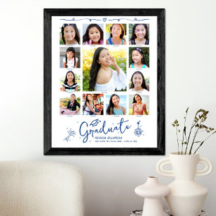 Blaue Abschluss-K–12-Fotocollage-Kritzeleien Weiß Poster