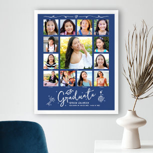 Blaue Abschluss-K–12-Fotocollage mit weißen Doodle Poster