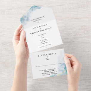 Blaue abstrakte Aquarell-Moderne Hochzeit All In One Einladung