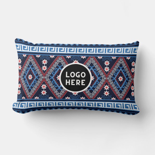 Blaue Abstrakte geometrische Muster mit Logo Lendenkissen (Vorderseite)