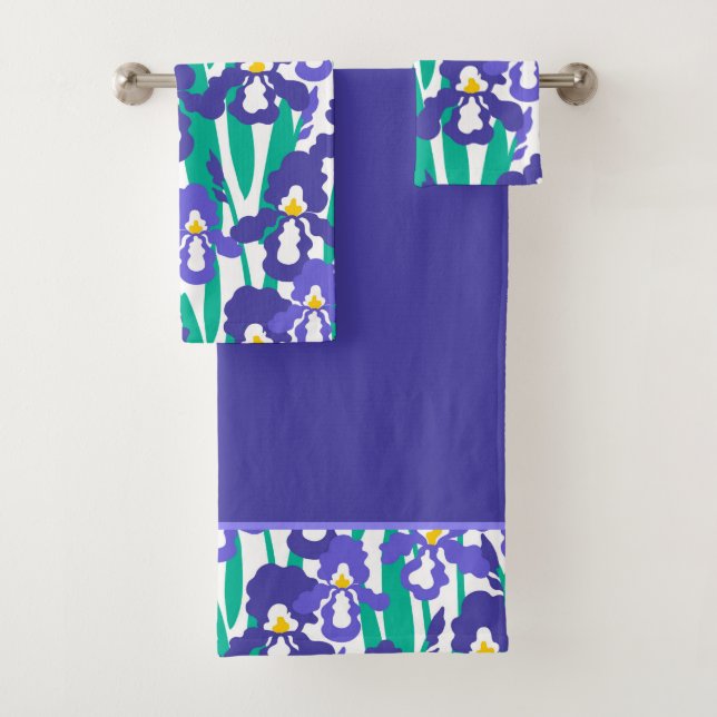 Blaue Abstrakte Iris Blumenmuster-Grenze Badhandtuch Set (Insitu)
