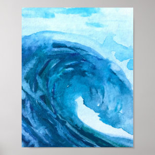 Blaue abstrakte Spaß-Wasserfarben-Kunstwellen Einz Poster