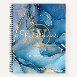 Blaue Achat-Geode Gold-Monogramm-Schrift Notizbuch