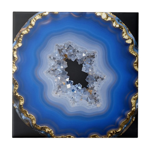 Blaue Achat-Geode mit Goldrand Kristall-Kunst Fliese (Vorderseite)