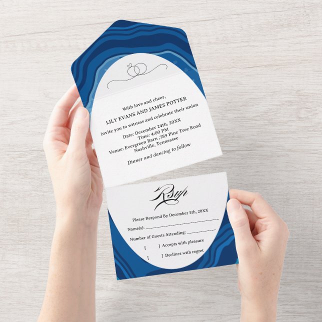 Blaue Achat geschnittene Hochzeit All In One Einladung (Abreißen)