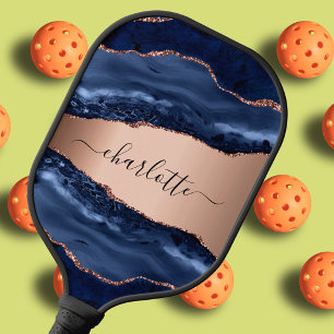 Blaue Achat-Marmor-Roségold-Name Schrift Pickleball Schläger