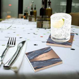 Blaue Achat-Marmor-Roségold-Name Schrift Steinuntersetzer