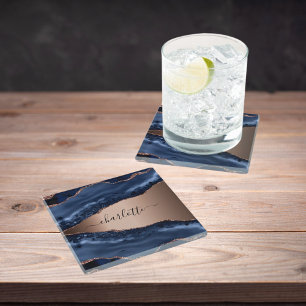 Blaue Achat-Marmor-Roségold-Namensschrift Glasuntersetzer