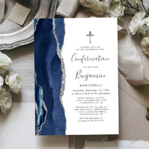 Blaue Achat-Silber-Glitter-Firmung Einladung
