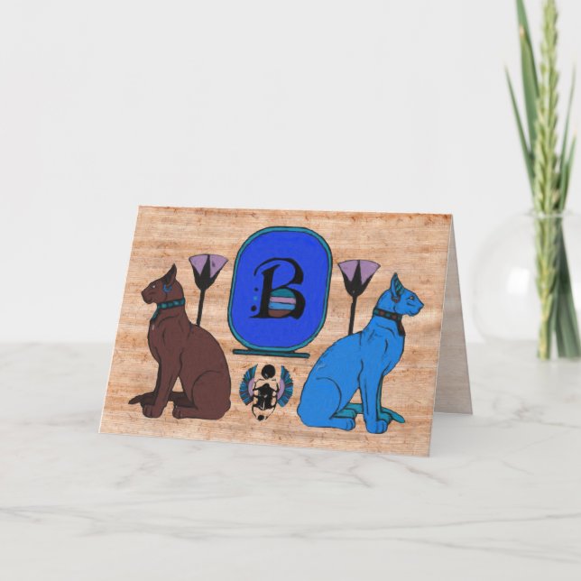 Blaue ägyptische Katzen-Monogramm-Gruß-Karte: B (Vorderseite)
