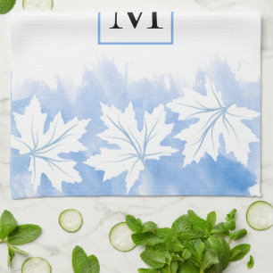 Blaue Ahornblattwasserfarbe und Monogramm Geschirrtuch