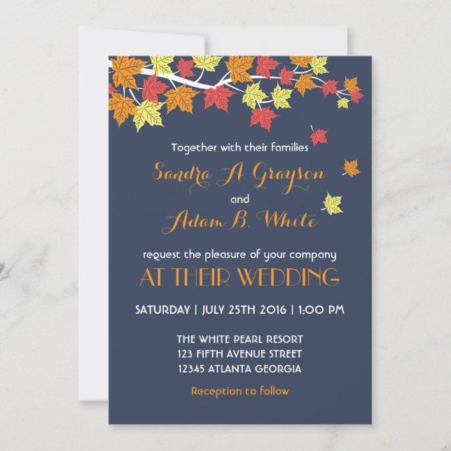 Blaue Ahornkapelle Blätter Hochzeitseinladung Einladung (Vorderseite)