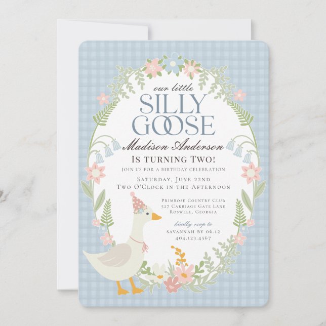 Blaue Alberne Gänse Floral Gingham Birthday Party Einladung (Vorderseite)