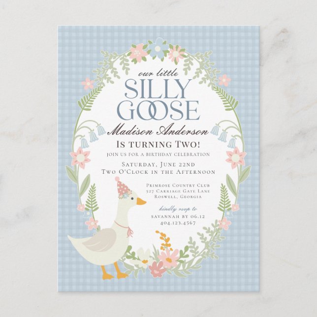 Blaue Alberne Gänse Floral Gingham Birthday Party Postkarte (Vorderseite)