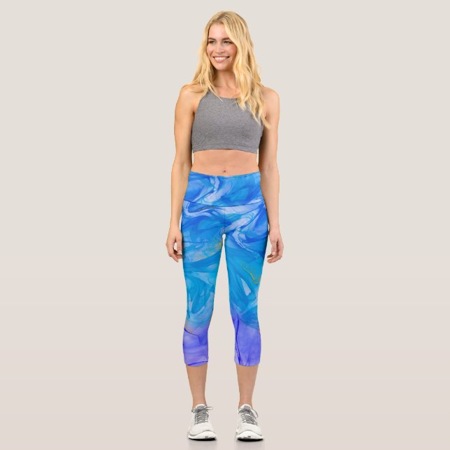 Blaue Alkoholfarbe Capri Leggings (Vorderseite)