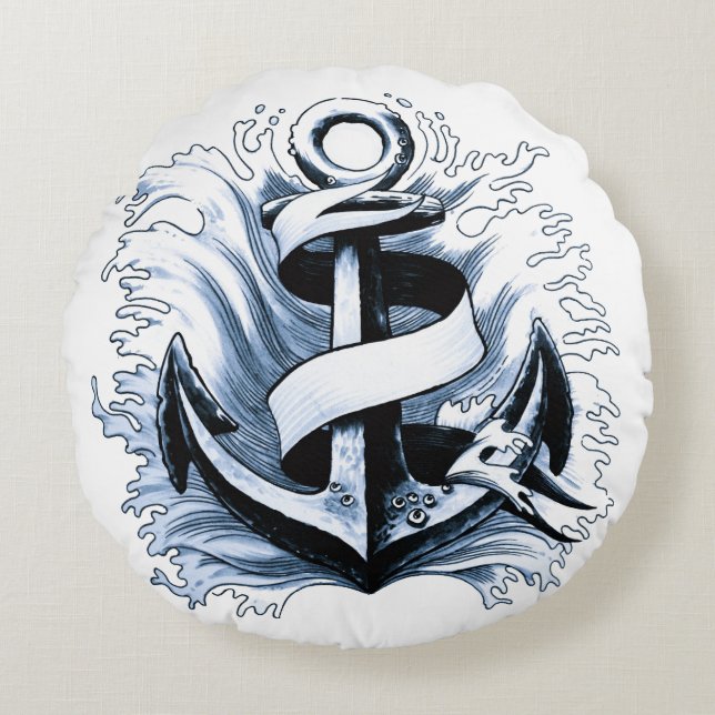 Blaue Anchor Rundes Kissen (Vorderseite)