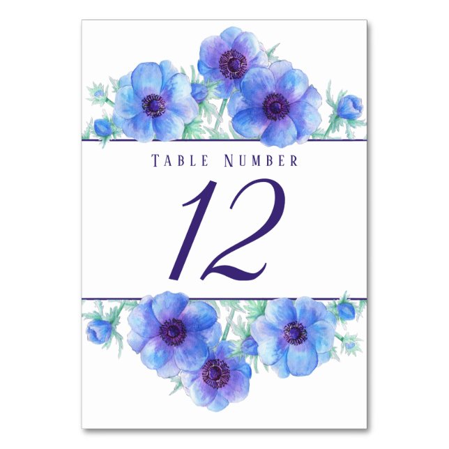 Blaue Anemone Aquarellkunst Tischnummern (Vorderseite)