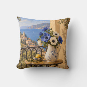 Blaue Anemone Vase Sonnig Mittelmeer Balkon Kissen