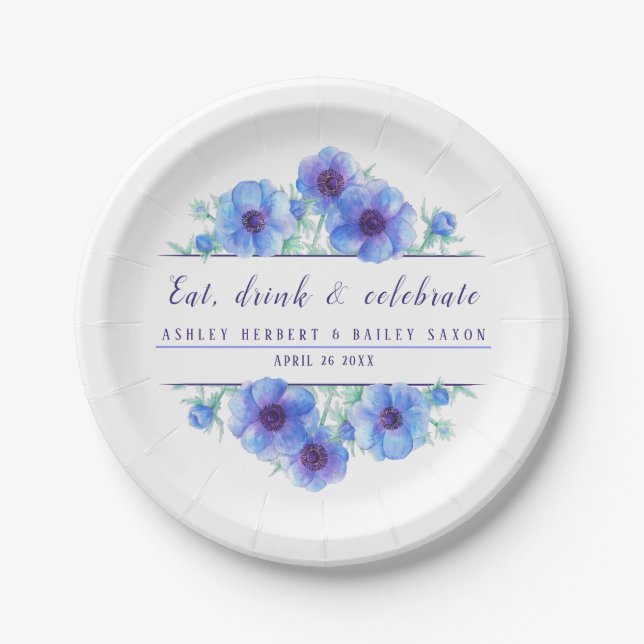 Blaue Anemonpapier-Platte für Hochzeiten Pappteller (Vorderseite)