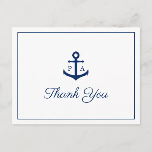Blaue Anker-Monogramm Nautische Hochzeits-Dankesch Postkarte