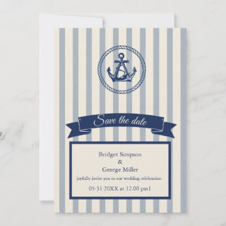 blaue Anker-Streifen maritime Hochzeit am Zielort Einladung