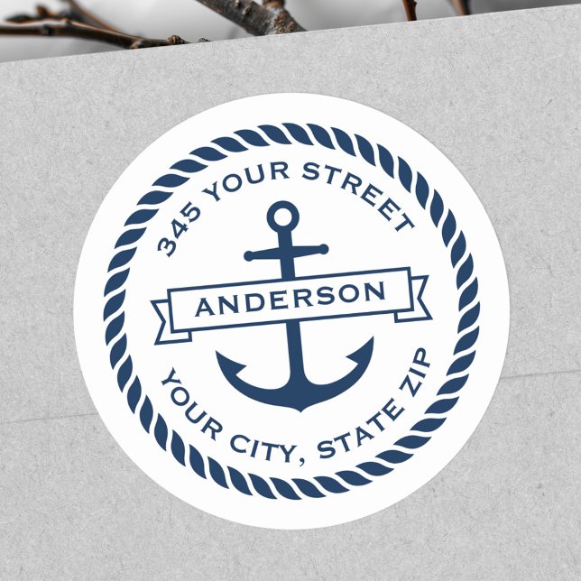 Blaue Anker- und Banner-Rücksendeadresse Runder Aufkleber (Blue anchor and banner rope border return address classic round sticker)