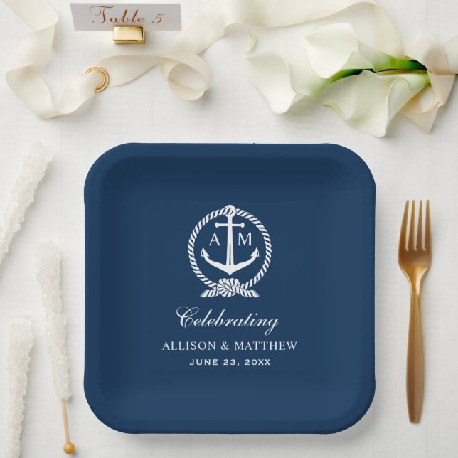 Blaue Ankerhochzeit der Nautik Pappteller (Hochzeit)