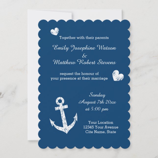 Blaue Ankerhochzeit der Nautischen Marine Einladung (Vorderseite)