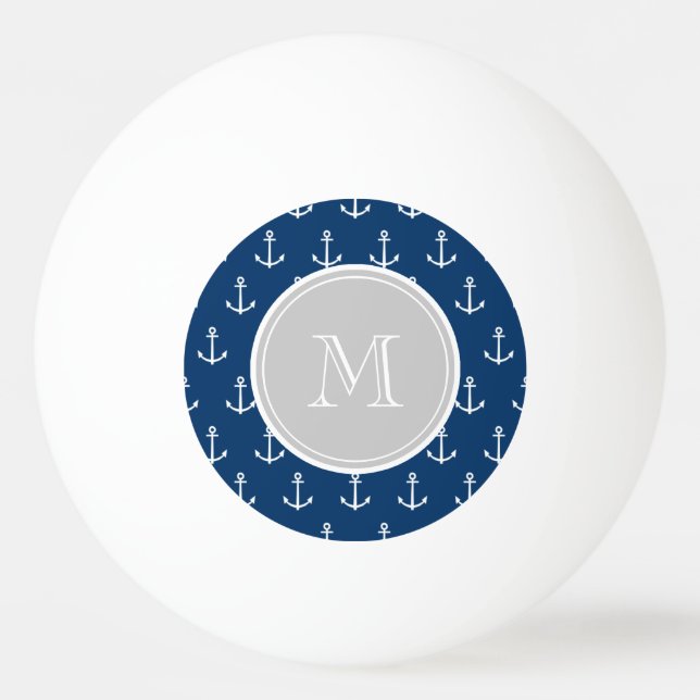 Blaue Ankermuster, graues Monogramm Tischtennisball (Vorderseite)