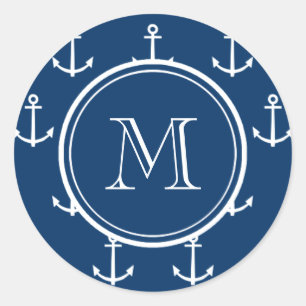 Blaue Ankermuster, Ihr Monogramm Runder Aufkleber