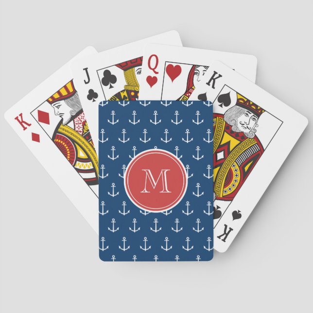 Blaue Ankermuster, rotes Monogramm Spielkarten (Rückseite)