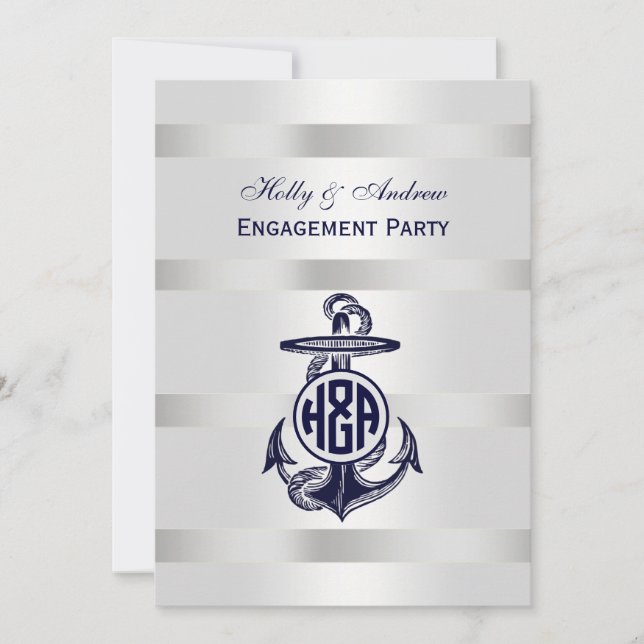 Blaue Ankersilber, weißes Navy Circle Monogram 33 Einladung (Vorderseite)