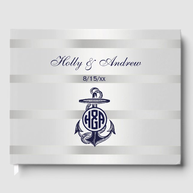 Blaue Ankersilber, weißes Navy Circle Monogram 33 Gästebuch (Vorderseite)