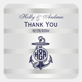 Blaue Ankersilber, weißes Navy Circle Monogram 33 Quadratischer Aufkleber