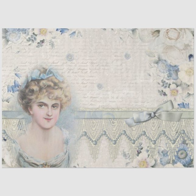 Blaue Antike Vintage Viktorianische Blumendekoupag Seidenpapier (Vorderseite)