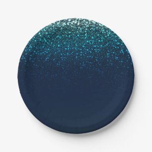 Blaue Aqua-Marine Glitter Funkelnde Geburtstagsfei Pappteller