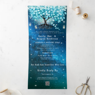 Blaue Aqua Türkis Herz Blatt Baum Hochzeit Tri-F Dreifach Gefaltete Einladung
