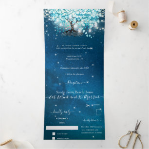 Blaue Aqua Türkis Herz Blatt Baum Hochzeit Tri-F Dreifach Gefaltete Einladung