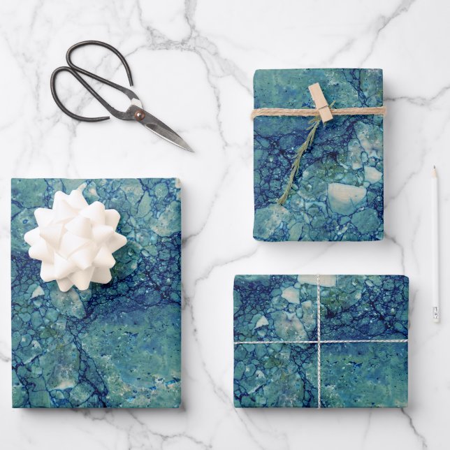 Blaue Aquamarin grüne Marmorstruktur Geschenkpapier Set (Vorderseite)