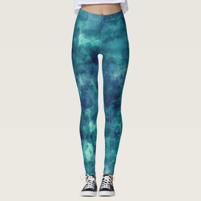 Blaue Aquamarine Aquarellabstraktion Leggings (Vorderseite)