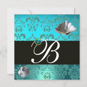 BLAUE AQUAMARINE DAMASK BEACH WEDING MONOGRAM EINLADUNG