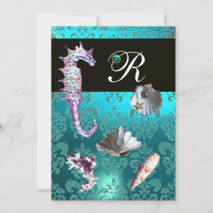 BLAUE AQUAMARINE DAMASK BEACH WEDING MONOGRAM EINLADUNG