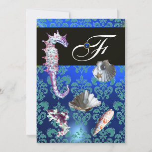 BLAUE AQUAMARINE DAMASK BEACH WEDING MONOGRAM EINLADUNG