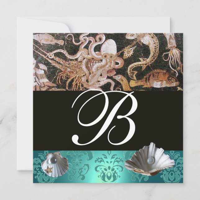 BLAUE AQUAMARINE DAMASK BEACH WEDING MONOGRAM EINLADUNG (Vorderseite)