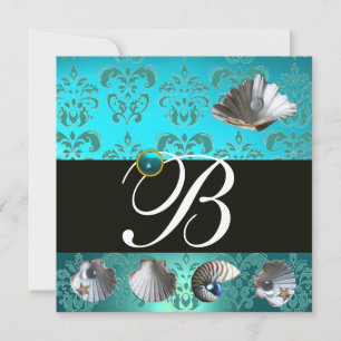 BLAUE AQUAMARINE DAMASK BEACH WEDING MONOGRAM EINLADUNG