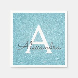 Blaue Aquamarine Glitzer und Sparkle Monogram zum Serviette